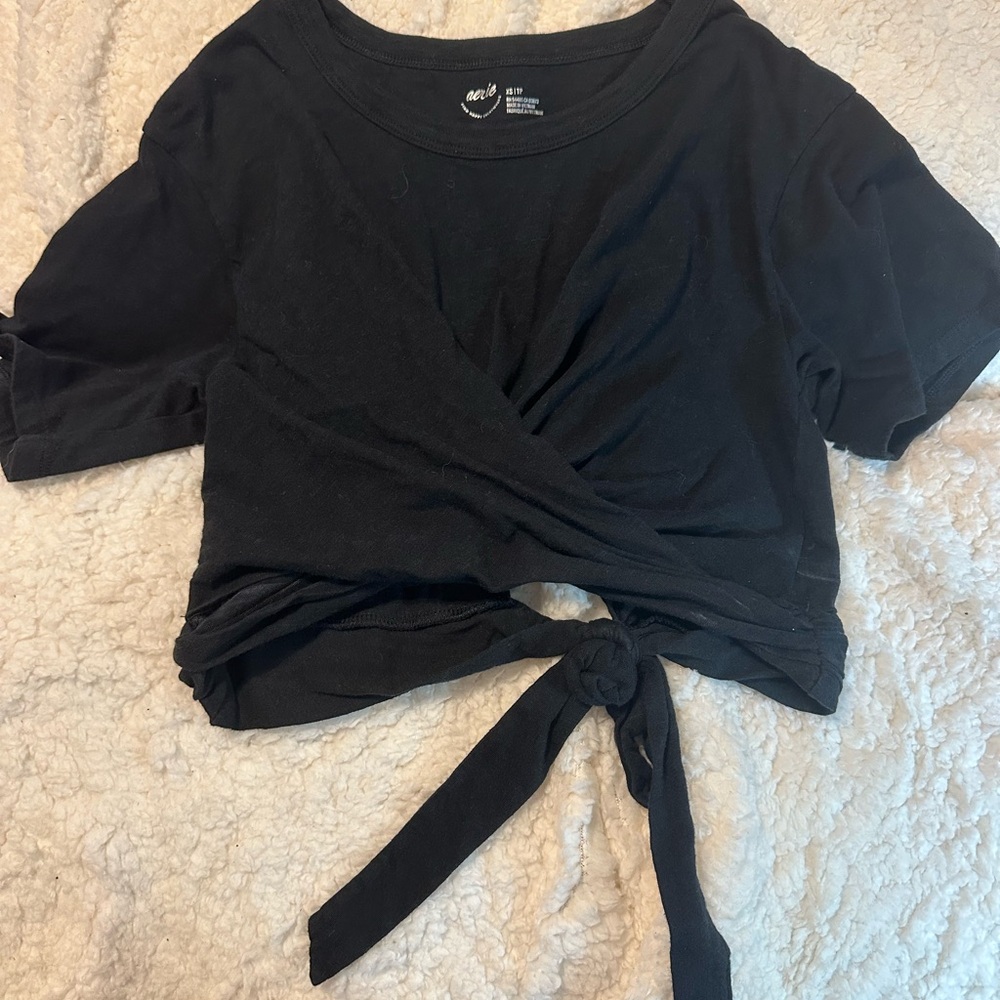 Aerie Black Tie-Front Short Sleeve Top